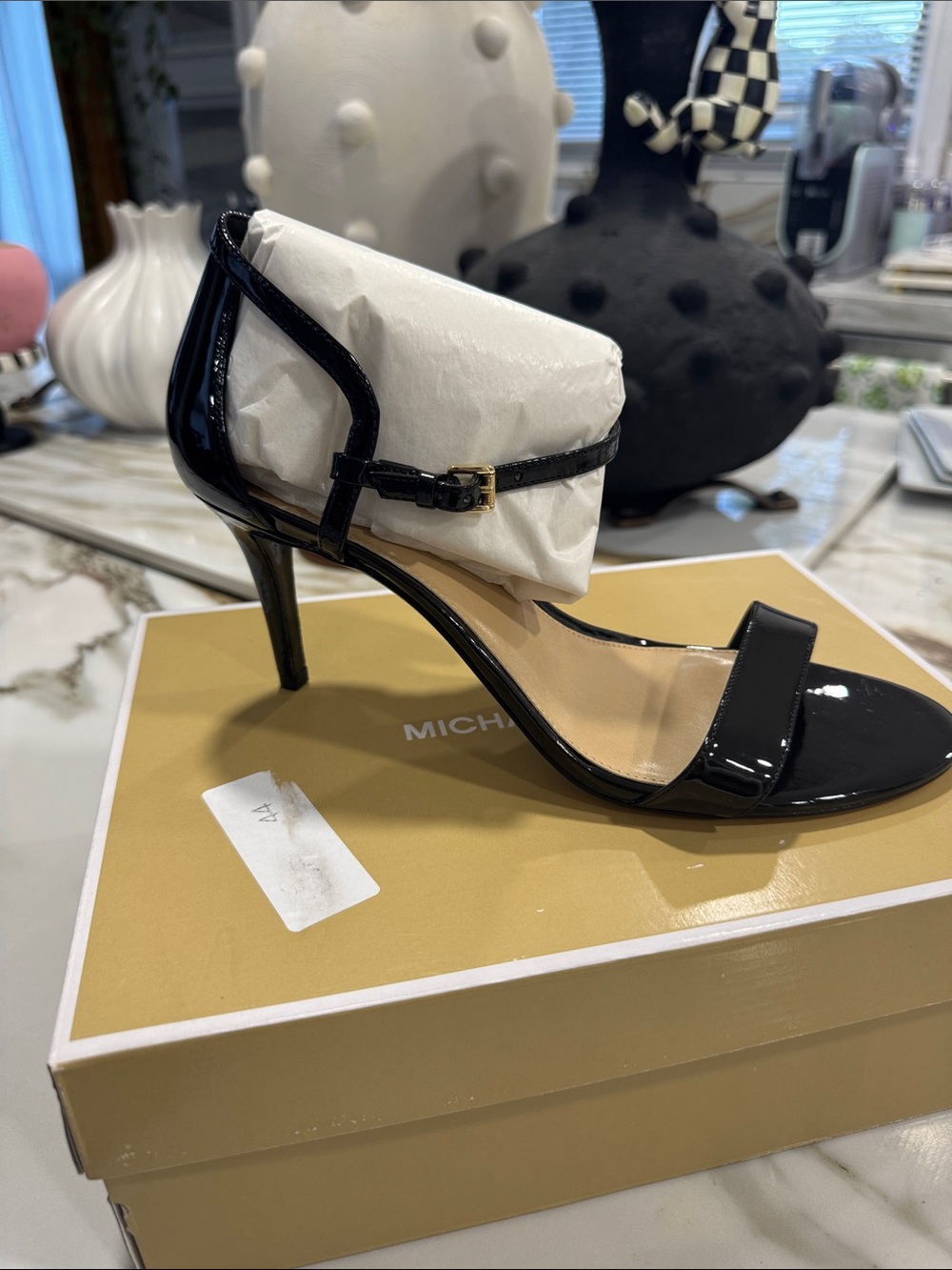 Michael Kors Black Patent Leather Stiletto Sandals with Ankle Strap